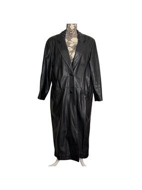 Global Identity GIII Womens Black Leather Long Trench Duster Coat L Made Korea